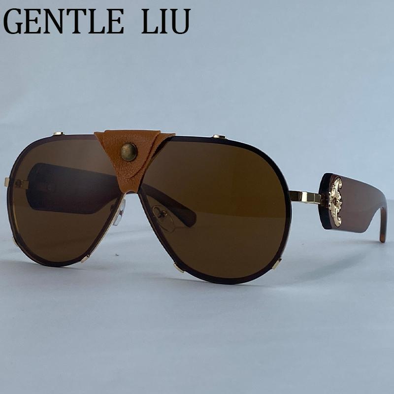 Steampunk Oversized Vintage Pilot Sunglasses Women 2026 Luxury Brand Oval Shield Eyewear Goggle Shades Driving Leather Sunglass