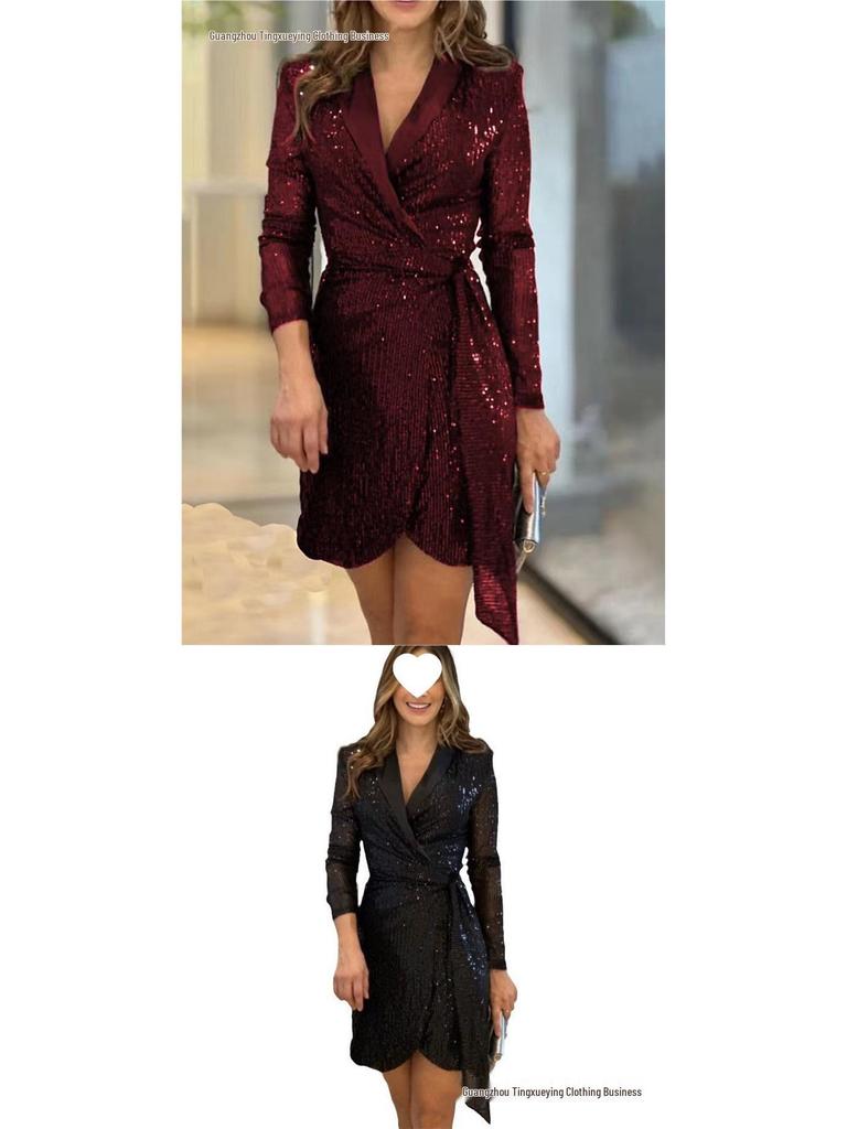 European & American Ladies' Fashionable Sequin Tie-Up Dress with Waist Cinch and Lapel 
