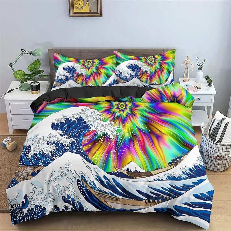 3D Ocean Waves Beding Set Quen Sized Dimensions Soft Sumer Sea Beach Soft Duvet Cover Set Hawaian Tropical Print Warm Comforter Cover Pilowcases
