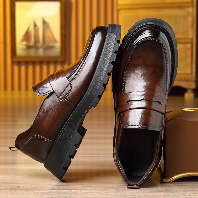 Men Slip-On Loafer Dress Shoes Black Leather Chunky Thick Sole Round Toe Business Casual Non-Slip Walking Office Shoes For Man