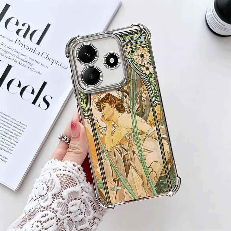 

Vintage Alfons Mucha Primavera Plating Phone Case For Xiaomi Redmi Note 14 15 Pro Plus 13 12 11 11S 11T 10 9S 9 5G Anti-Fall Air Redmi Note 13 Pro 4G