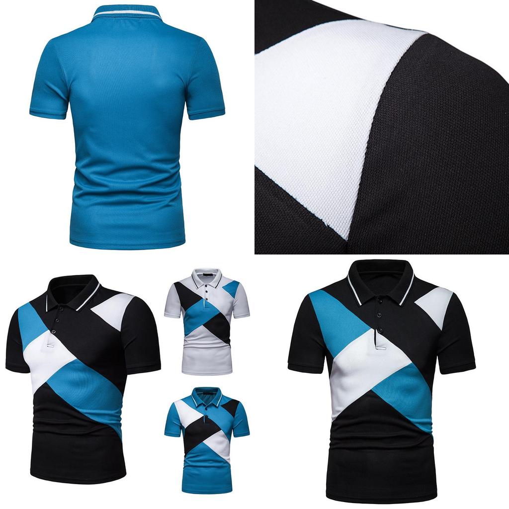 Classic Men's Lapel Tee Top Short Sleeve Splicing T Shirt With Premium Cotton Blend