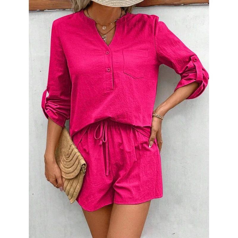 

V-neck Long Sleeve Shorts Set V Neck Long Sleeves Casual Shorts Suit Rose Red XL