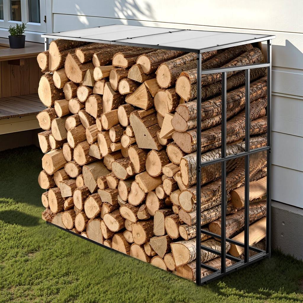 Firewood Rack with Sloped Roof, 1.85m Outdoor Firewood Holder, 1/4 Cord Log Storage Shed, 299kg Max Weight Capacity, Powder-Coated Metal Wood Storage
