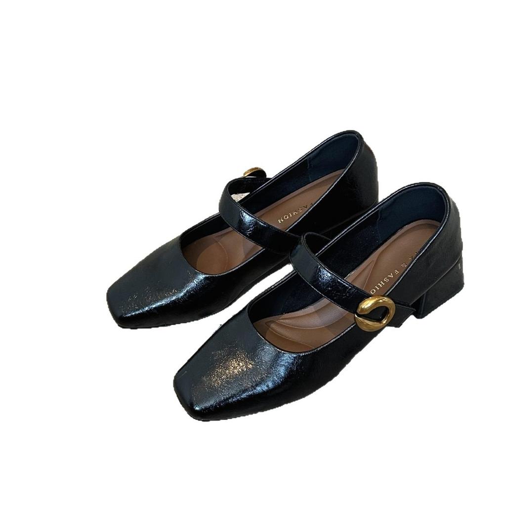 Vintage boty Mary Jane malé kožené dámské 2025 dámské podzimní nové všestranné lodičky silný podpatek čtvercová špička suchý zip vysoké podpatky