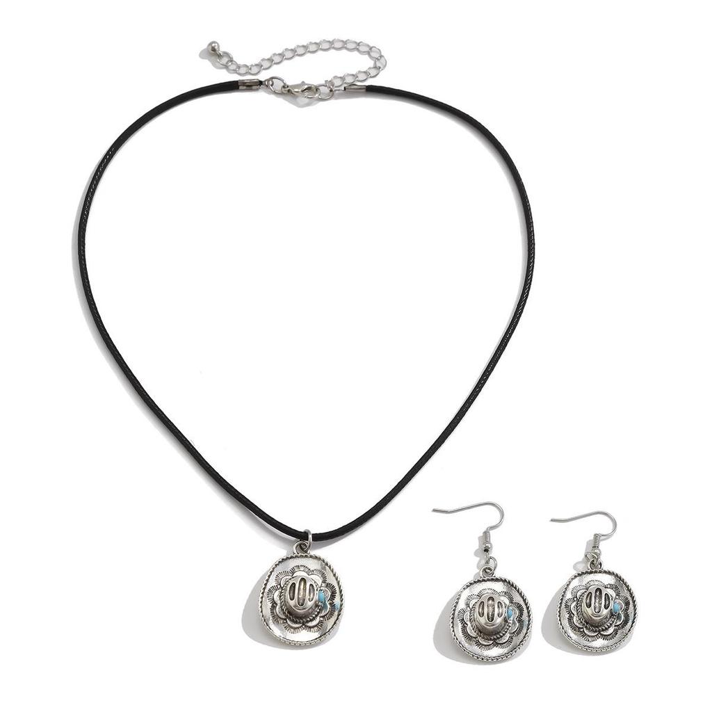 Classic Sun Pendant Necklace Set with Imitation Pearls and Waxed Leather Cord