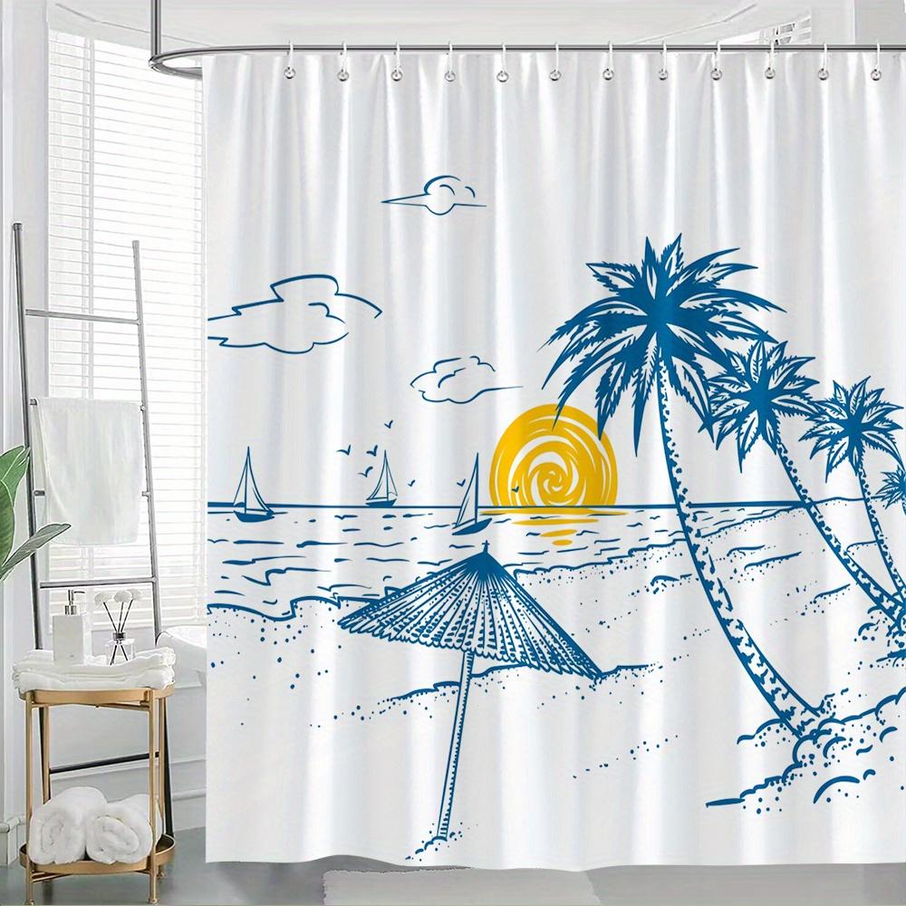 

1Pc Serene Beach Scene Shower Curtain - Minimalist Line Art With Palm Trees, Sailboats & Thatched Umbrella, Monochromatic Blue W60H190(CM)-1 Pcs