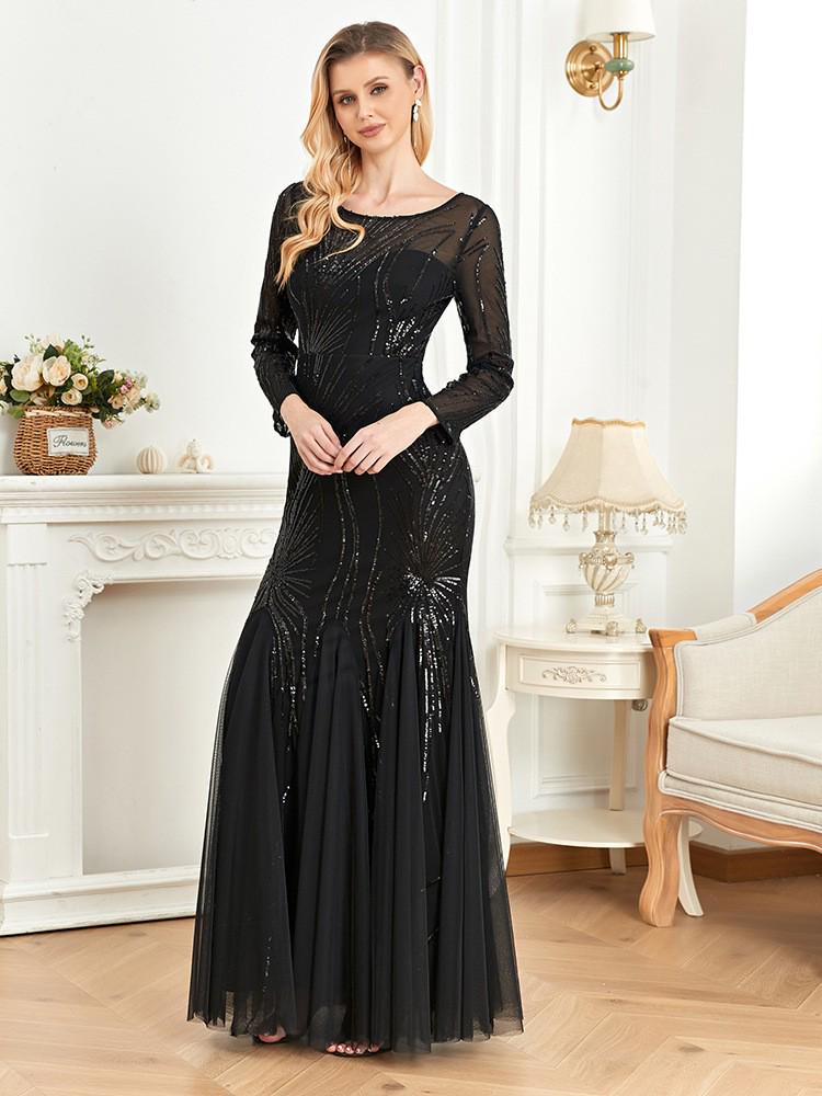 2026 Long Sleeve Round Neck Slim Fit Mermaid Bridesmaid Evening Gown XL чёрный
