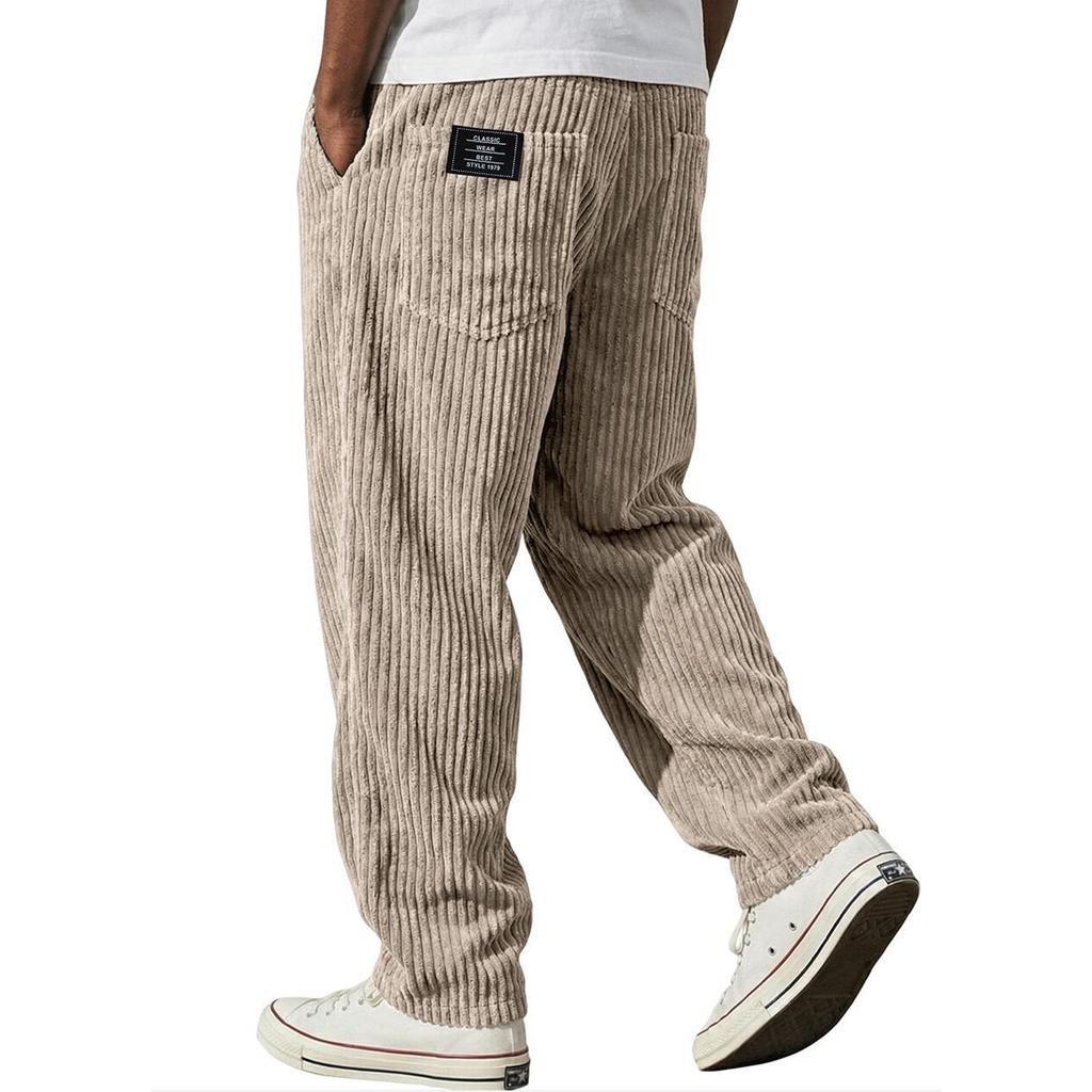 Men's Relaxed Fit Straight Leg Casual Pants with Vertical Stripe Pattern Back Patch Two Rear Pockets Elastic Waistband Durable Fabric Trousers