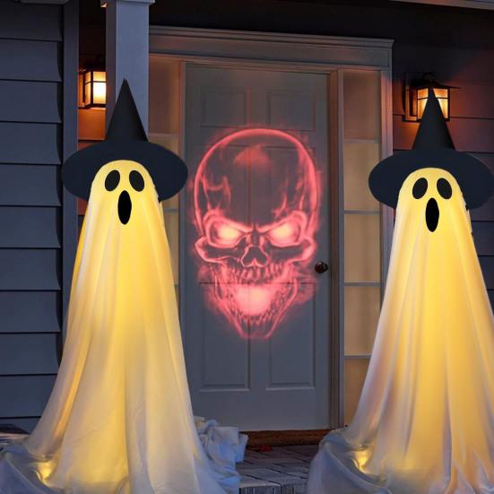 Yousheng Halloween Ghost Decoration Outdoor Standing Ghost with Witch Hat Light Up Spooky White Cloth Ghost for Porch Yard Garden Lawn Decor