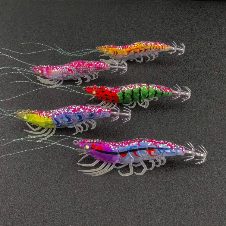 New 5Pcs Egi Set Squid Bait Wooden Shrimp Lure Jukkumi Egi Watermelon Laser Rattle Flying Squid Jig Horizontal Egi