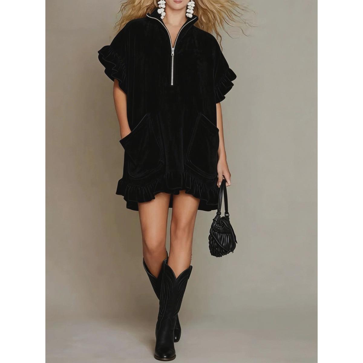 

Spring Summer European American Style Women s Short Sleeve Zipper Ruffled A-line Dress with Double Pockets S чёрный