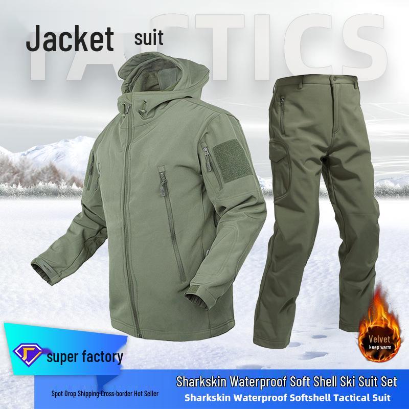 Alpha Green Tactical Sharkskin Waterproof Ski Suit: Camouflage Soft Shell Pants & Warm Fleece Set