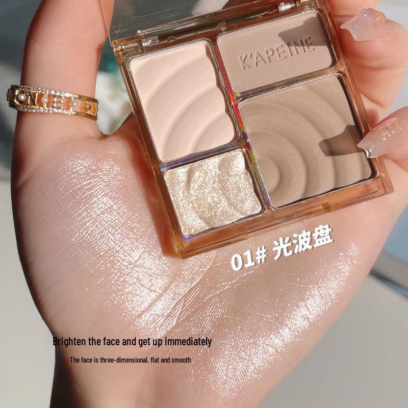 Four-Color Contour & Highlight Palette: Pearlescent Matte, Brightening Glitter, Natural 3D Finish.