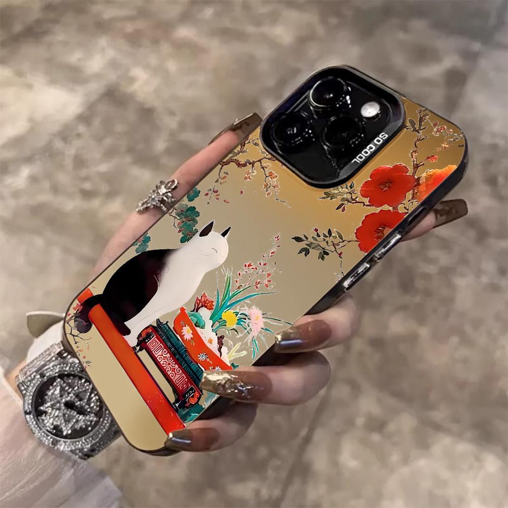 Elegant Chinese Garden Cat Ink Case For iPhone 17 Air 16 E 15 14 13 12 11 Pro Max 8 Plus X IMD Colored Silver Camera Frame Cover