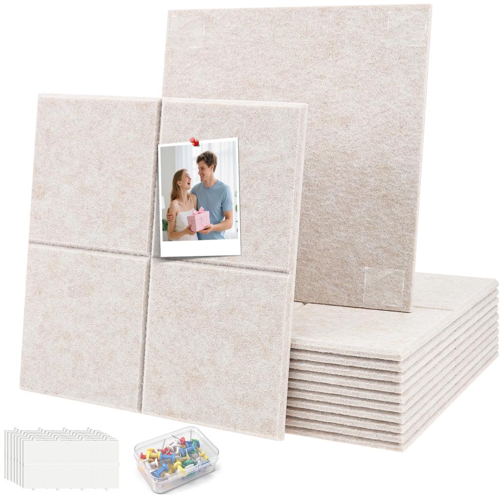 12 Pcs Felt Bulletin Board Cork Board Felt Sound Insulation Panels with 60 Adhesive Stickers and 35 Nails Cork Board Alternative