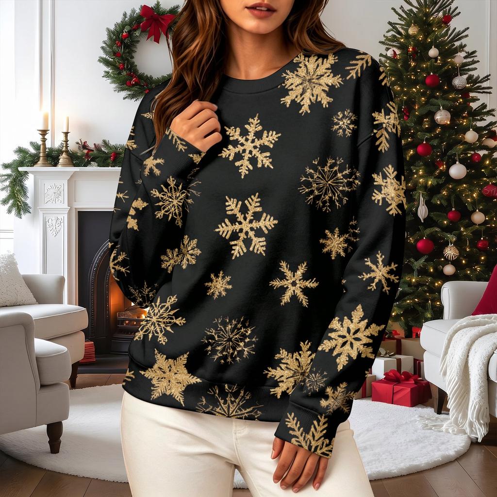 Women's Casual Long Sleeve Christmas Print Neck Pullover Sweatshirt