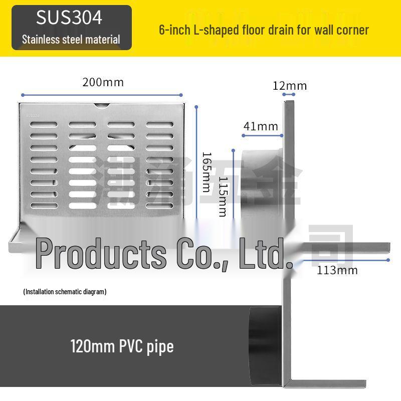 304 Stainless Steel L-Shaped Floor Drain for Hotel Bathroom, Side Outlet, DN50, 5-Inch, Thickened Wall.