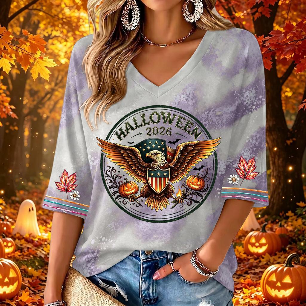 Women's Casual V-Neck Three-Quarter Sleeve Halloween Print Top