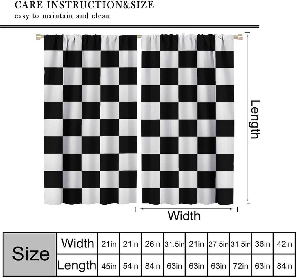 Racing Curtains for Teens Games Room Decor Black White Checkered Flag Art Printed Window Drapes for Kids Bedroom Living Room