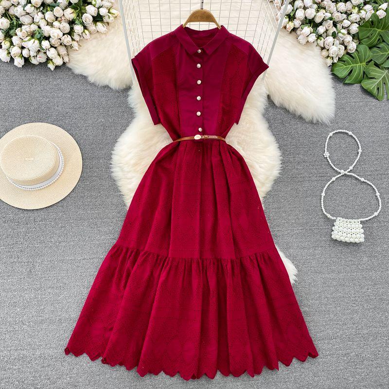 

Retro Cut Out Embroider Dress Elegance Large Swing Short Sleeve Red All yards