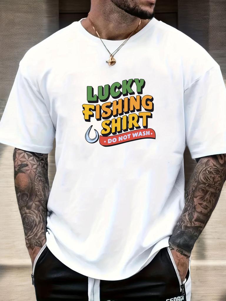 Mens Fishing Tshirt Lucky Fishing Print Short Sleeve Round Neck Breathable Soft Oversized Outdoor Daily Wear Tee