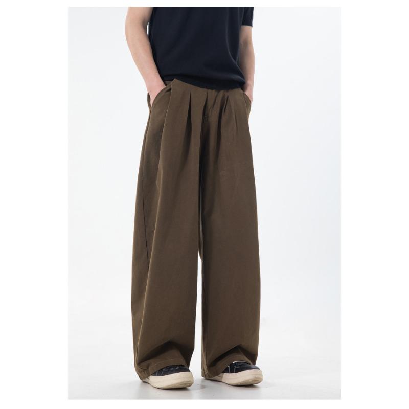 Heren Katoenen Casual Broek Losse Rechte Pijp Dubbele Plooizakken