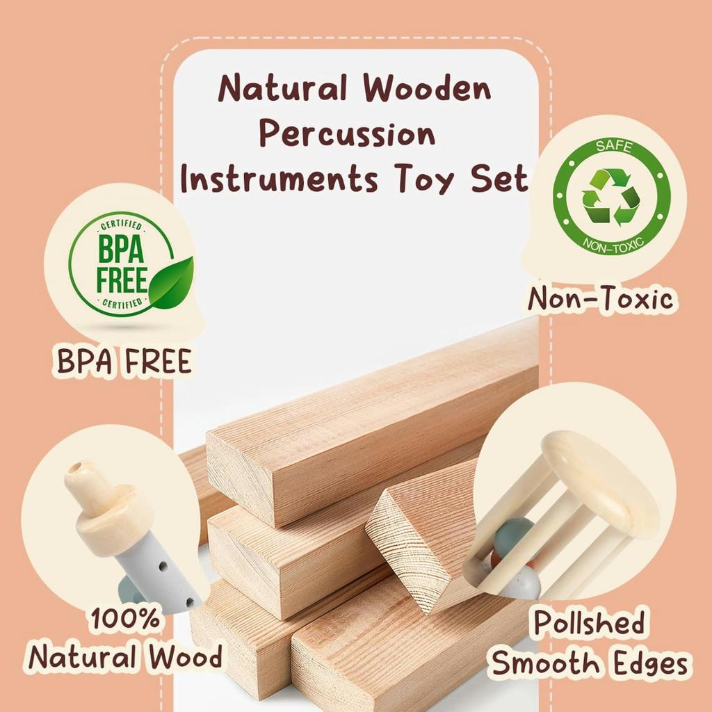 5PCS Toddler Wooden Musical Instrument Set - Educational Toy:Bell, Sand Hammer, Trumpet & Bedtime Bell,Baby Birthday Gift Xmax