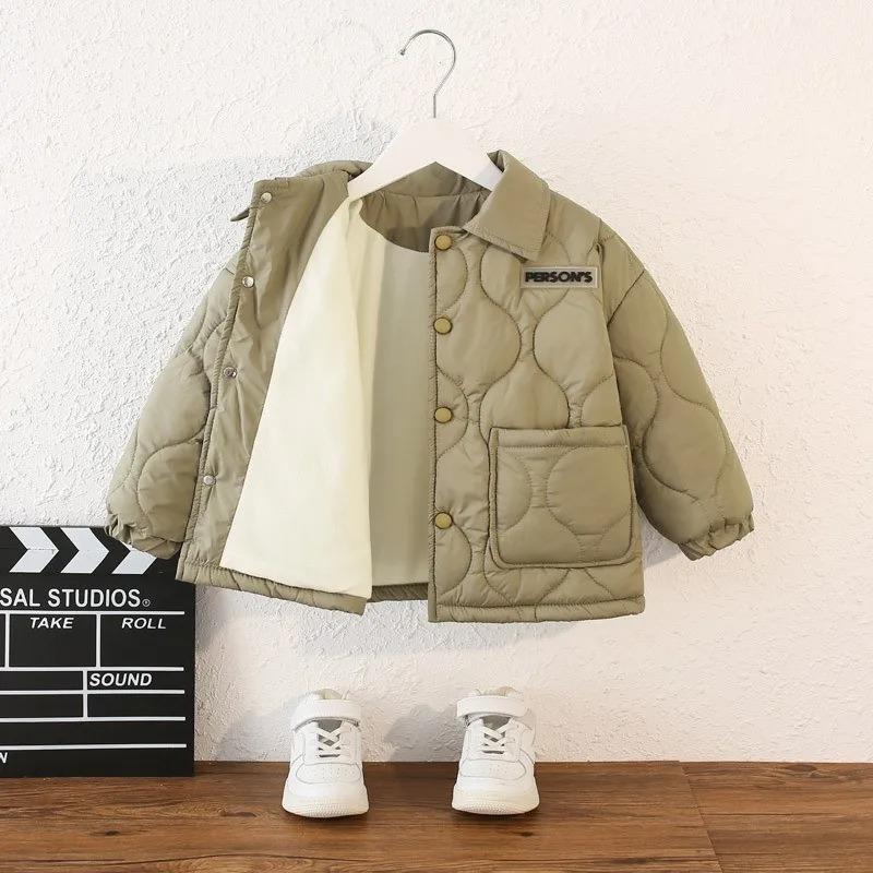 Autumn Kids Jacket Winter Boys Solid Color Thick Plus Velvet Warm Coat Teen Children Outerwear Clothing