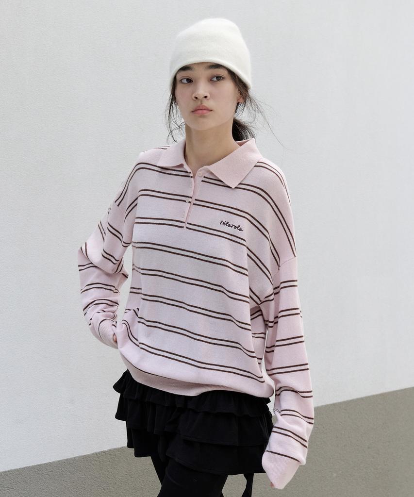 ROLAROLA Loose Fit Collar Stripe Knit Pink