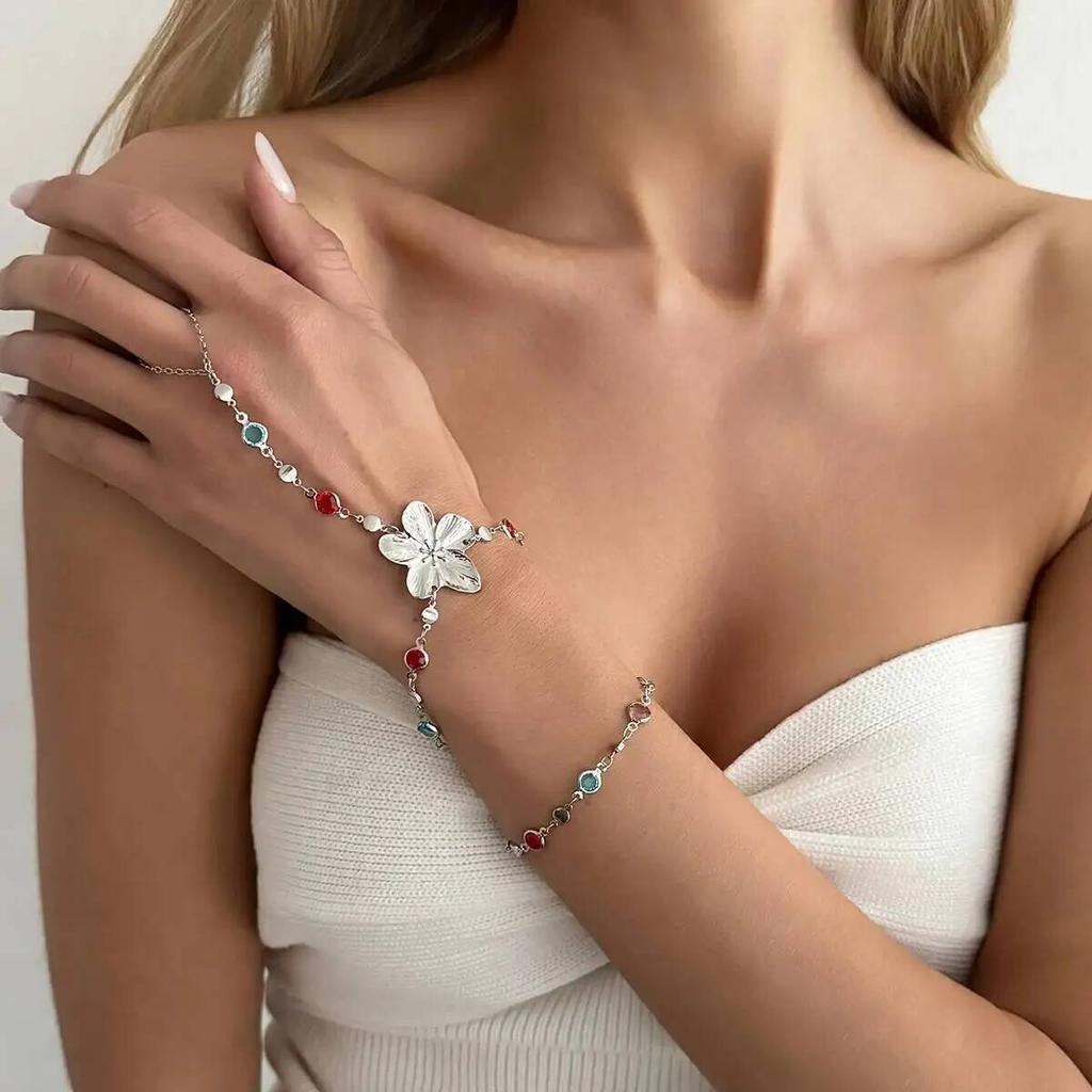 Salircon Bohemia Colorful Crystal Long Y-Shaped Necklace Metal Flower Bracelet Collarbone Chain Summer Party Jewelry Set New