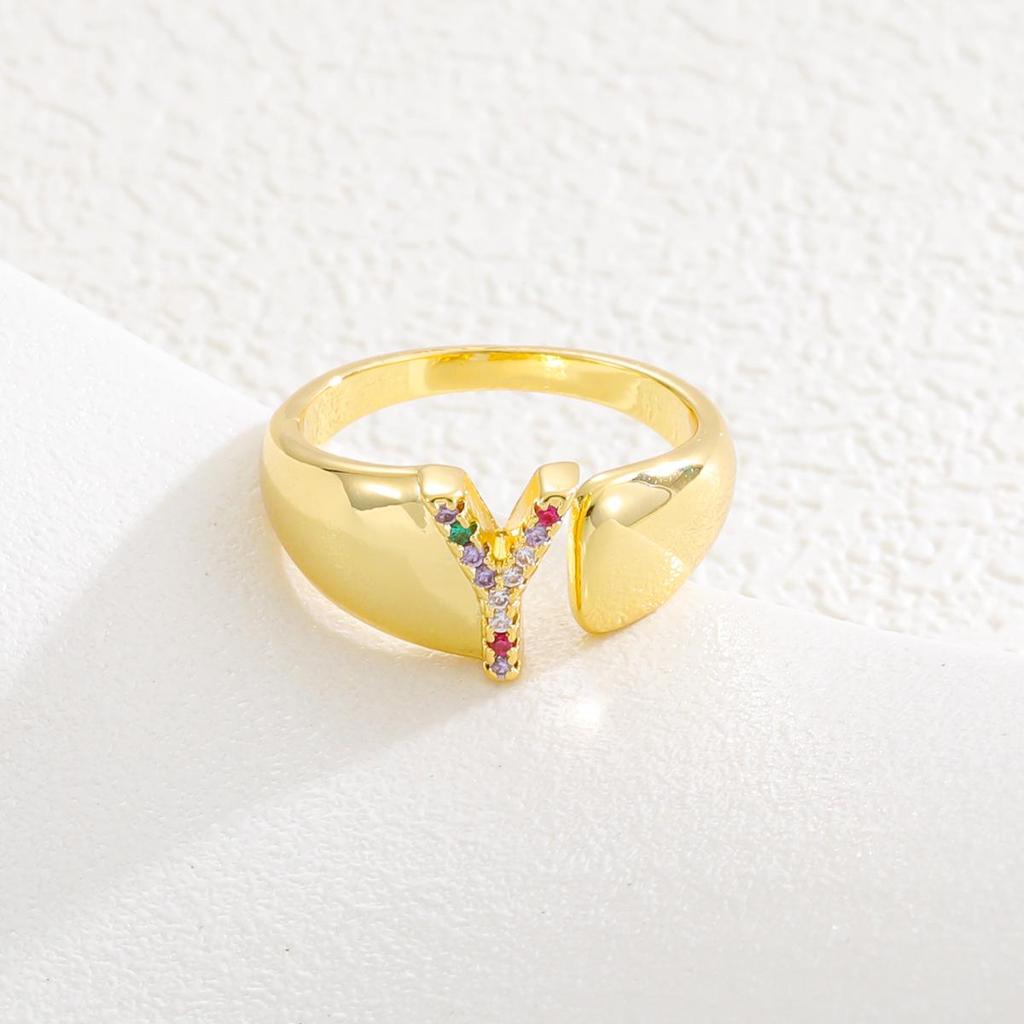 Fashionable Colorful Zircon Alphabet Adjustable Retro Ring