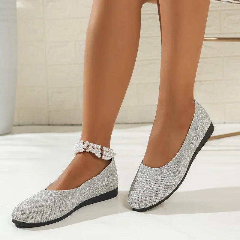 

Балетки Вязаные Женская Обувь Неглубокие Сандалии 2024 Мода Для Ходьбы Осень Повседневные Лоферы Обувь Классическая Уютная Платье Женская Обувь 43 серебряный