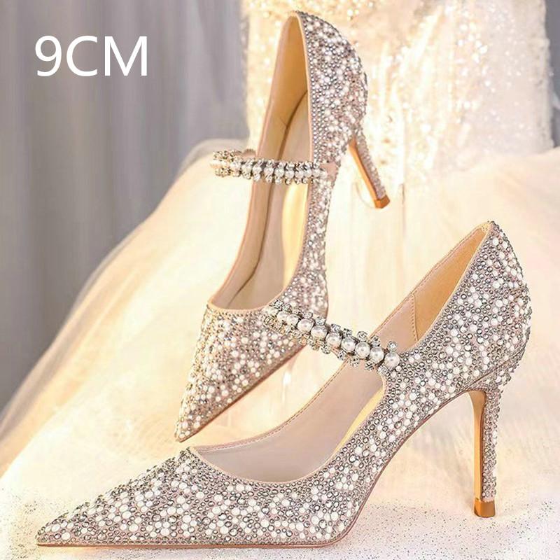 Mode Europäische und Amerikanische Perlen Hochzeitsschuhe Brautschuhe Strass High Heels Design Sinn Nische Glas Sandalen