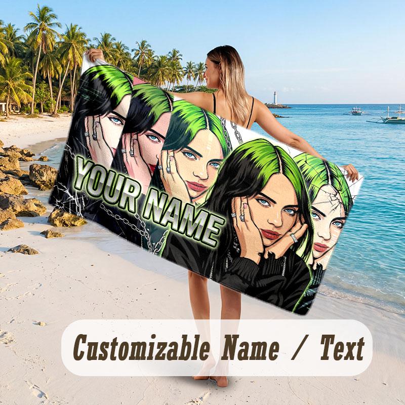 Custom Name Large Beach Towel,Billie Eilish Quick Absorbent Towel For Outdoor Travel Poolside