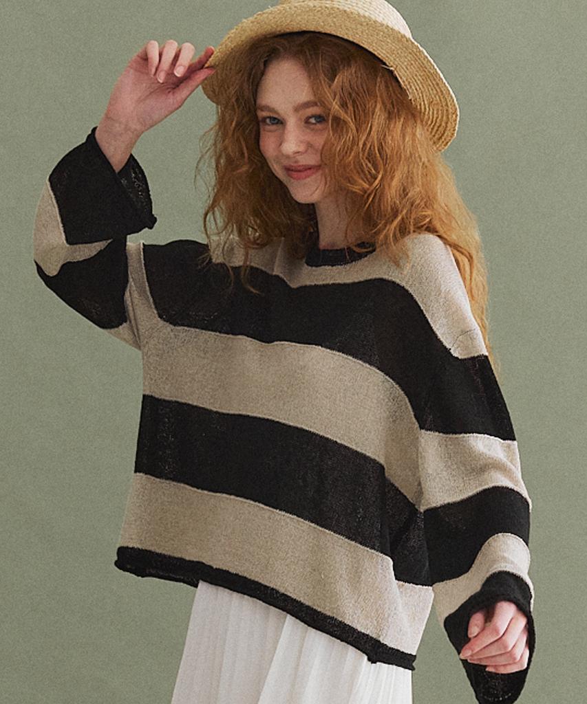 Seuneogeuyu Linen Stripe Crop Knit Top