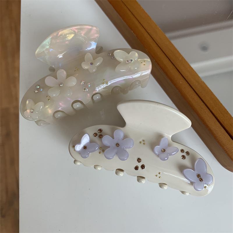 Korean-Style Acetate Butterfly Hair Clip with Floral and Diamond Accents