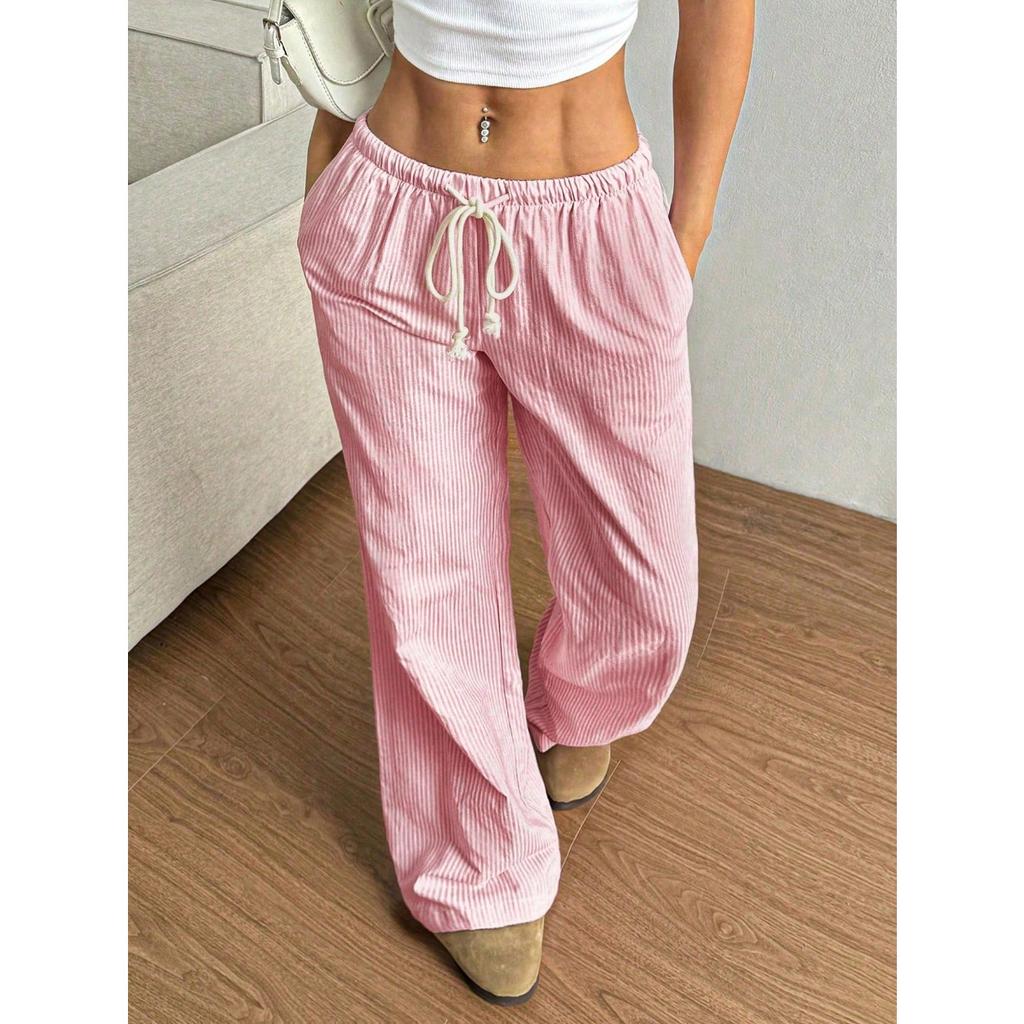 Women's Elastic Drawstring Waist Wide Leg Pants Loose Fit Striped Print Soft Polyester Casual Summer Trousers