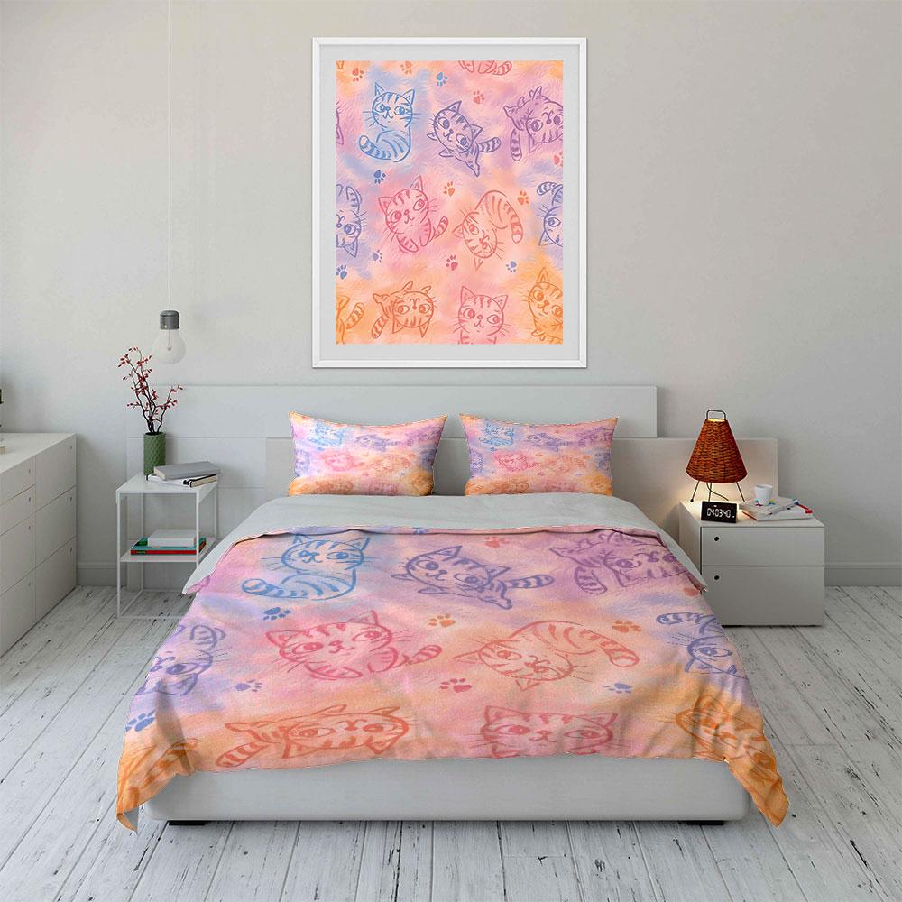 Colorful Cartoon Cats Pattern Bedding Duvet Cover Set Duvet Cover Pillowcases  (1*Duvet Cover 2*Pillowcases, without duvet insert)