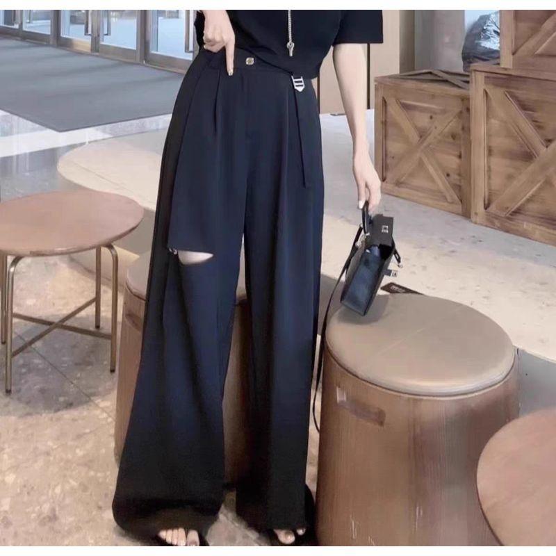 

Spring and Summer Suit Pants Mop Pants Fashion High Waist Stylish Ripped Western Style All-Matching Female Casual Straight-Leg Loose Pants Pants Black L(28)