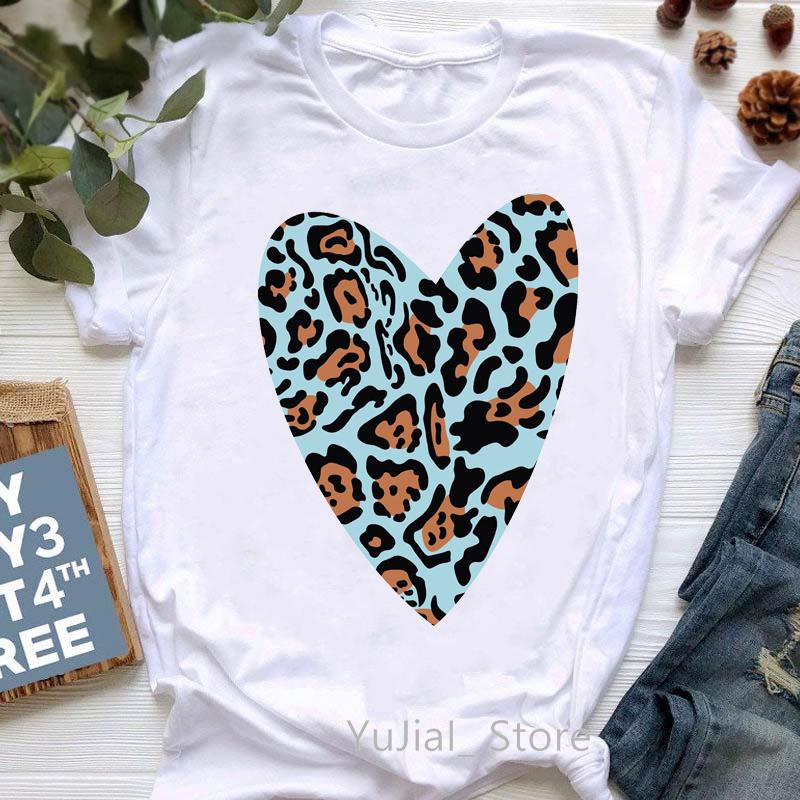 2025 Leopard Love Print T-Shirt Women Summer Fashion Tshirt Femme Harajuku Kawaii Clothes White Casual T Shirt Female