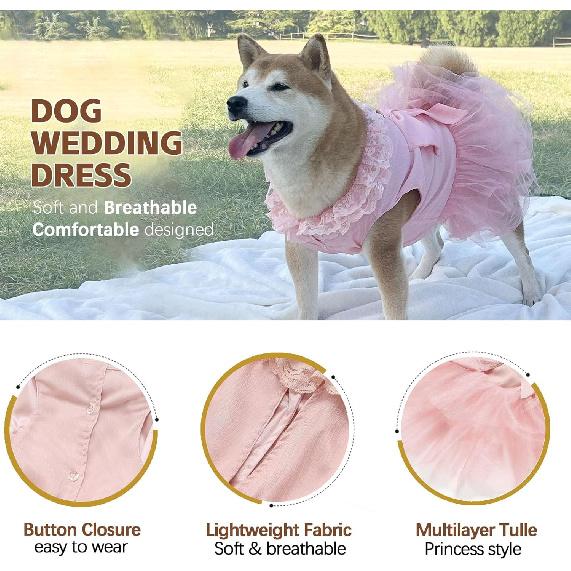 Luxury Dog Tulle Dress - Cute Princess Lace Wedding Dress with Flower Bowknot Multi-Layer Princess Tutu Skirt for Large Dogs - Pink, 2XL