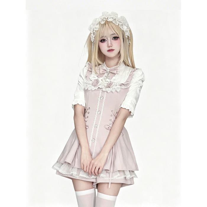 Snowflake Time: Japanese Lolita Stand-Collar Dress Set with Bib & Bow Tie