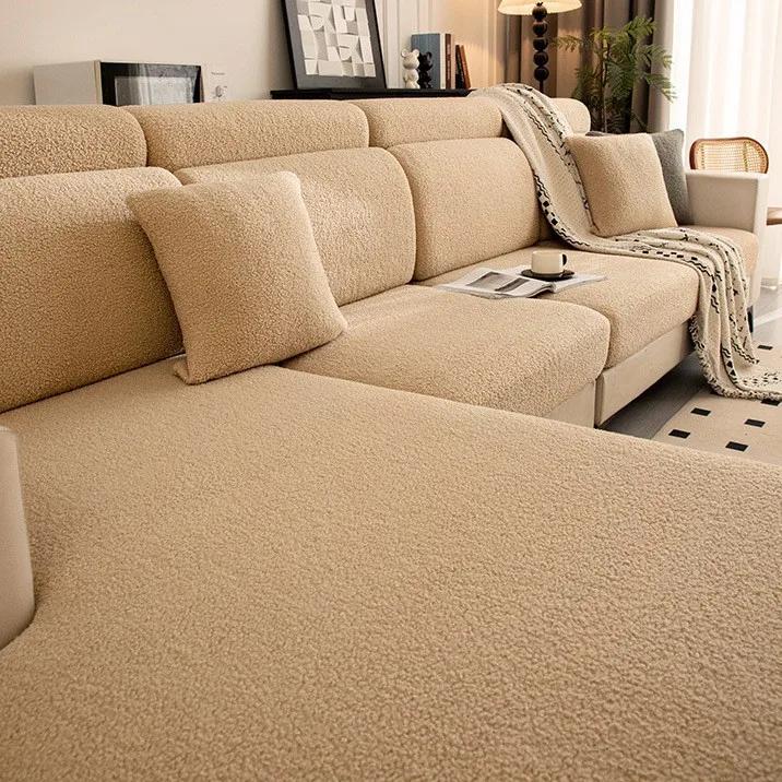 Thickened Teddy Fleece Sofa Cover Protector Non-Slip Luxury Soft Fleece Sofa Slipcover Universal Stretchable Fleece Couch Cover S-1Seat хаки