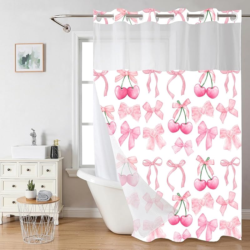 No Hook Pink Bow Shower Curtain and Liner Set Cute Shower Curtain with Snap in Liner Fabric Bathroom Curtain with Liner Set Double Layers Waterproof