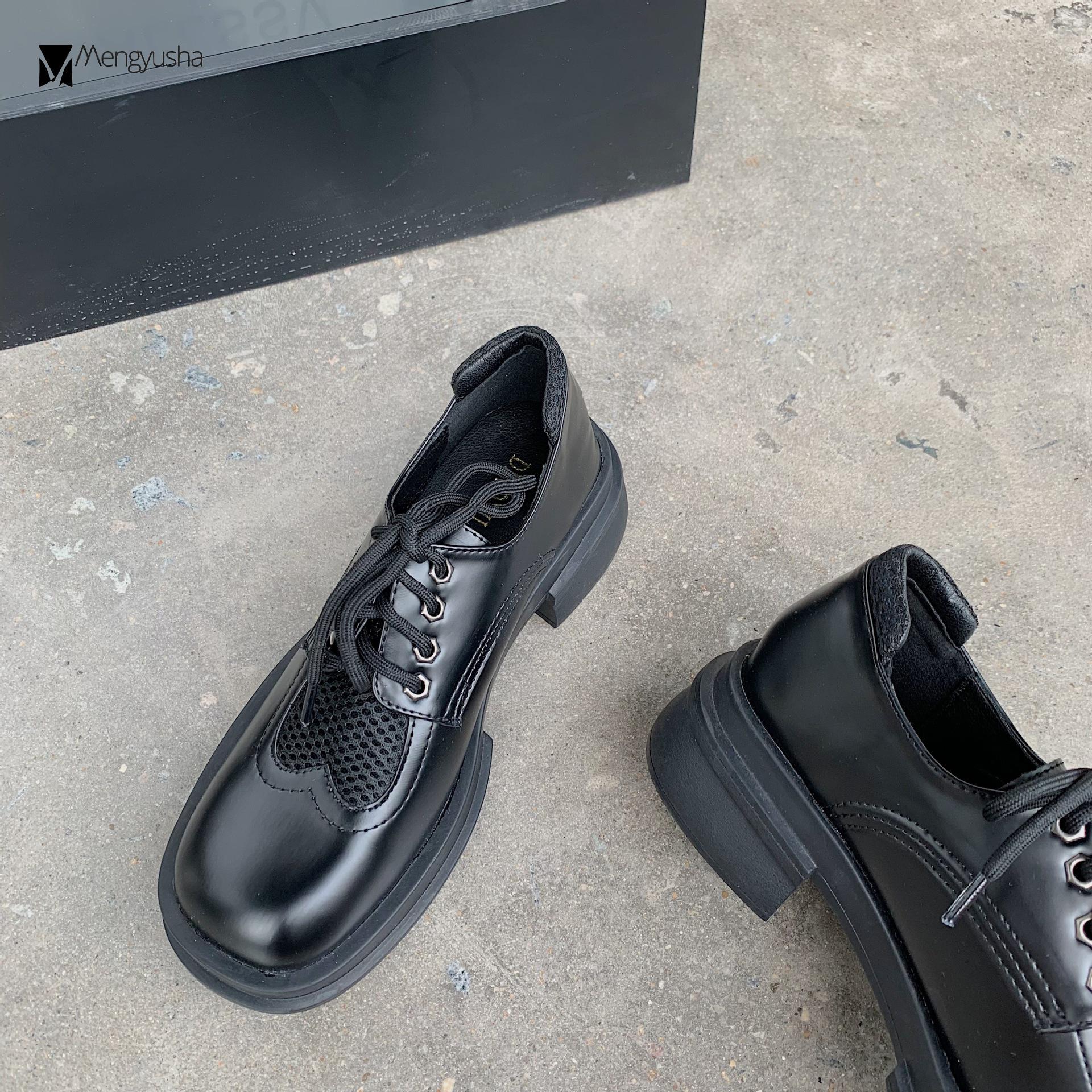 Лоскутные сетчатые туфли-оксфорды женские мокасины с квадратным носком на толстом каблуке — фото 5