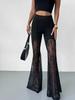 Women's Black Lace Flare Mesh Pants - Spicy Transparent Heels Long Pants