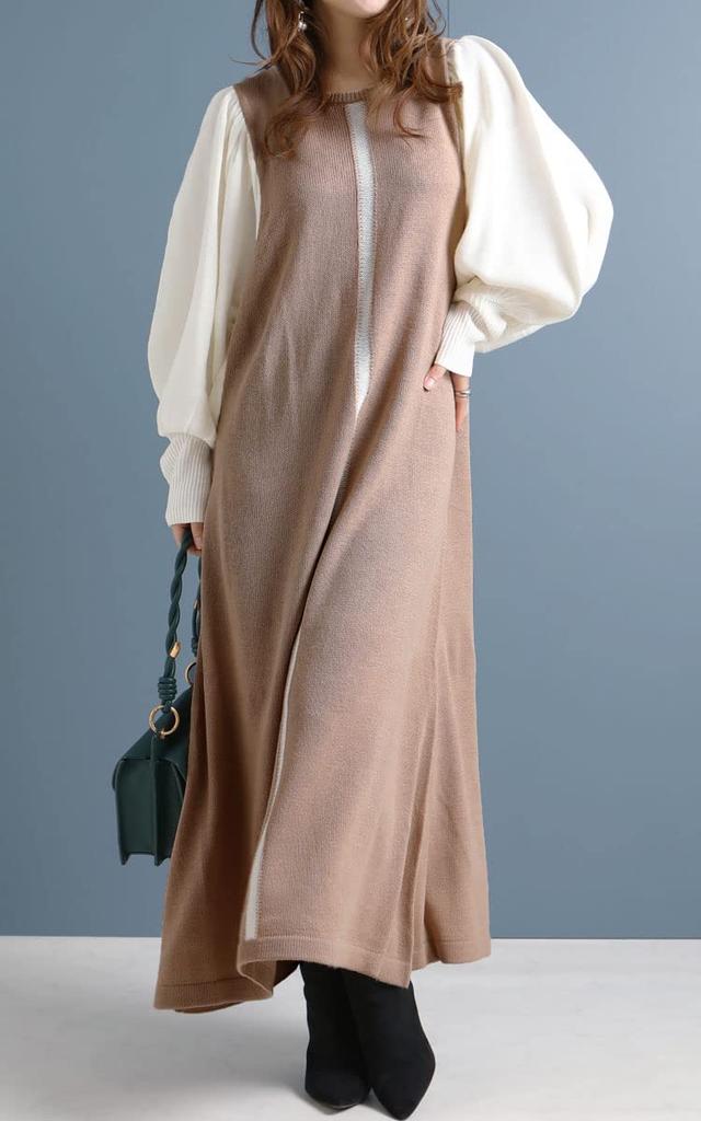 Gold Japan Plus Size Knit Long Size Beige Women's Center-Lined Dress, Dress, bro-0005, 3L,