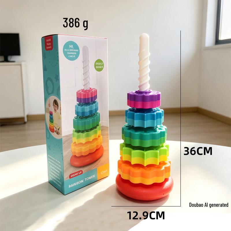 Rainbow Stacking Tower: Rotating Educational Toy for Early Learning & Fun