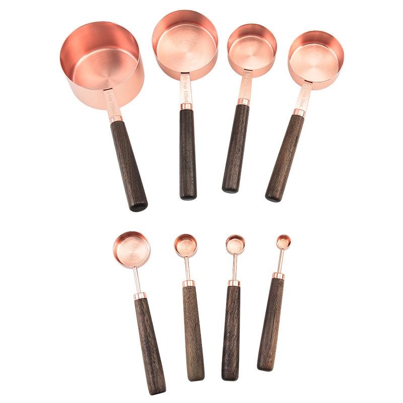 8-Piece Stainless Steel Measuring Cups & Spoons with Walnut Wood Handles & Rose Gold Finish